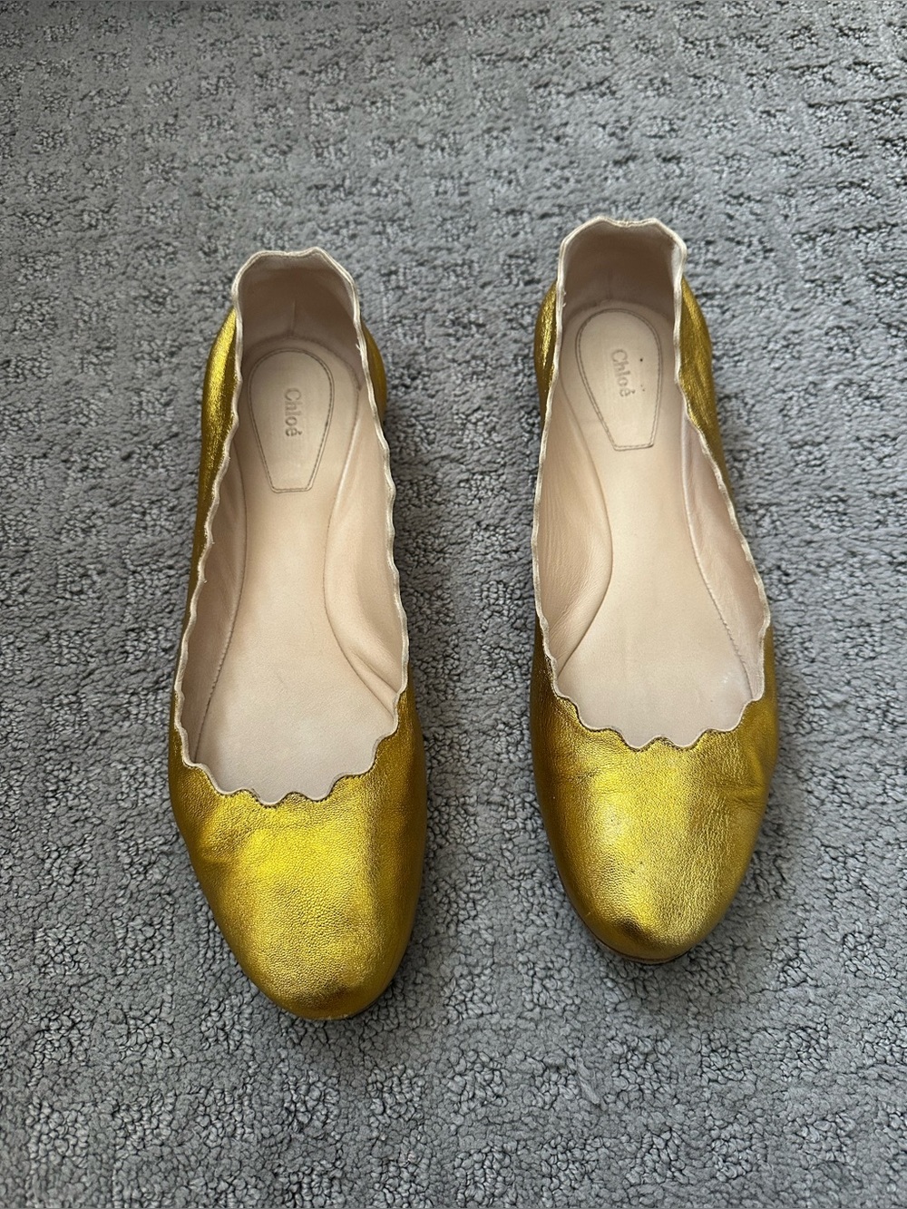 Chloe Gold Leather Scalloped Ballet Flats
